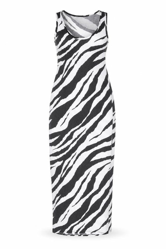 Front view of PRETTYLITTLETHING women’s white animal print polyester maxi, size UK 4, scoop neck pullover