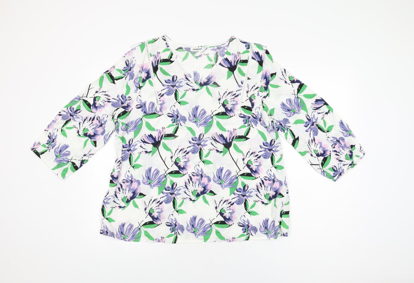 Damart Womens White Floral Viscose Basic T-Shirt Size 16 V-Neck