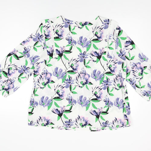 Damart Womens White Floral Viscose Basic T-Shirt Size 16 V-Neck