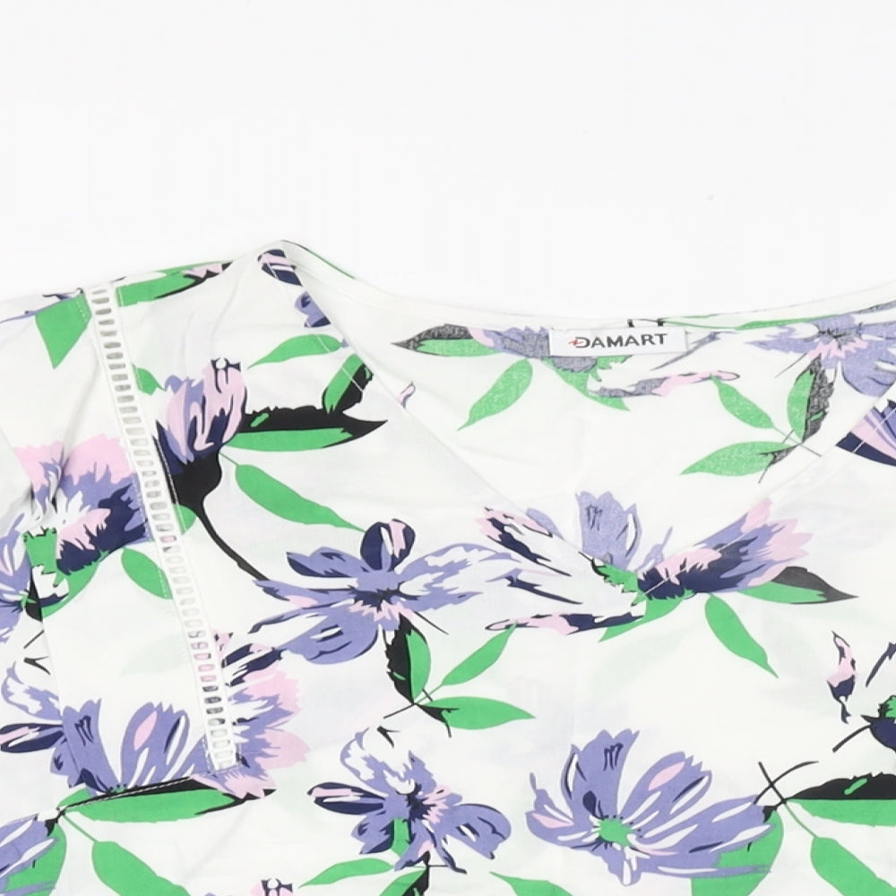 Damart Womens White Floral Viscose Basic T-Shirt Size 16 V-Neck