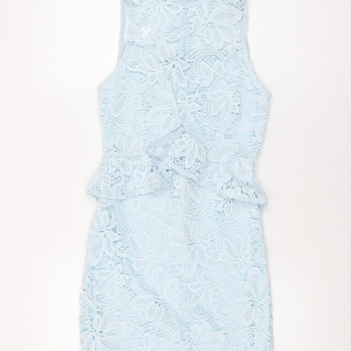 PRETTYLITTLETHING Womens Blue Floral Polyester Bodycon Size 8 High Neck Zip