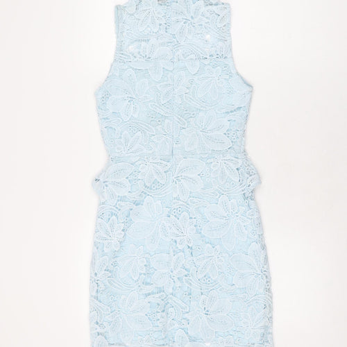 PRETTYLITTLETHING Womens Blue Floral Polyester Bodycon Size 8 High Neck Zip