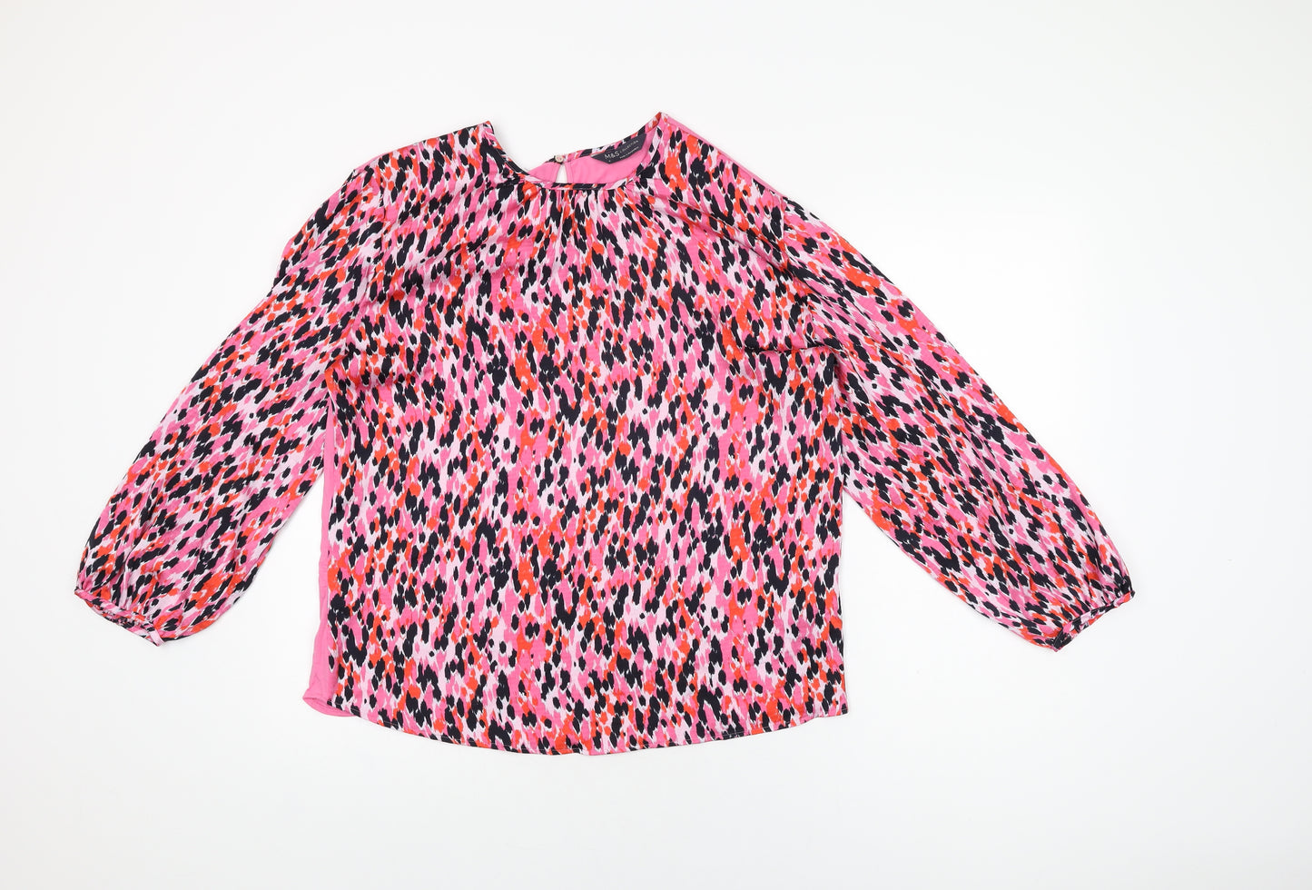 Marks and Spencer Womens Pink Geometric Polyester Basic Blouse Size 8 Round Neck