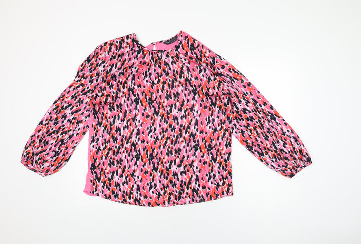 Marks and Spencer Womens Pink Geometric Polyester Basic Blouse Size 8 Round Neck