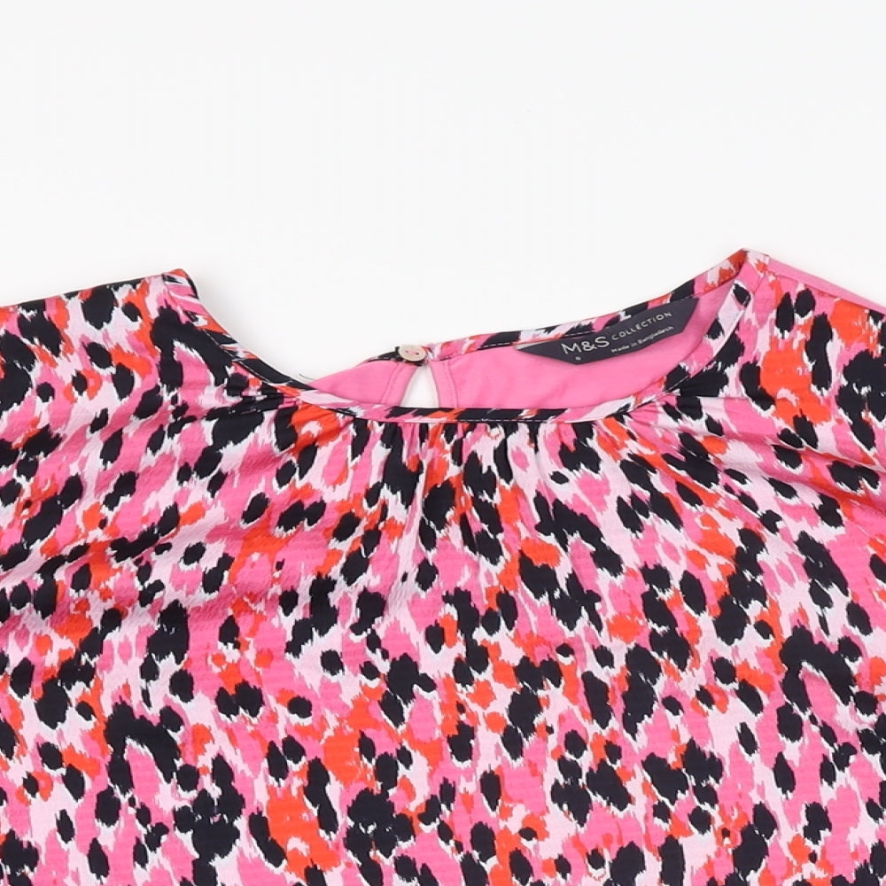 Marks and Spencer Womens Pink Geometric Polyester Basic Blouse Size 8 Round Neck