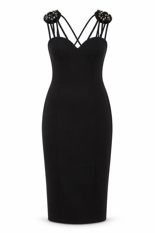 Front view of ASOS women’s black polyester bodycon, size UK 6, sweetheart pullover