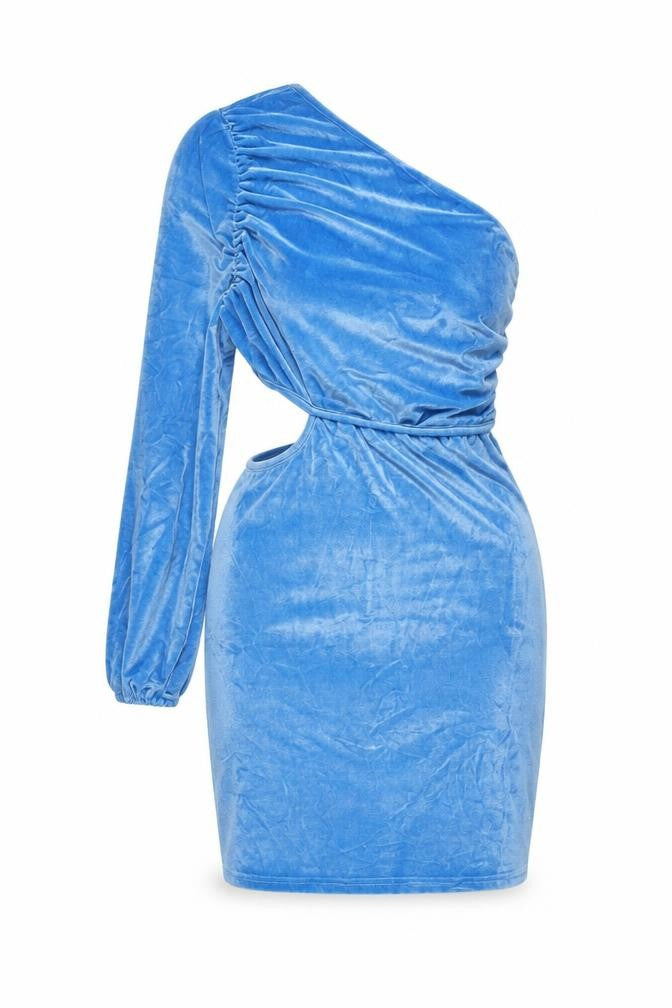 Front view of Simplee women’s blue polyester mini, size M, one shoulder pullover