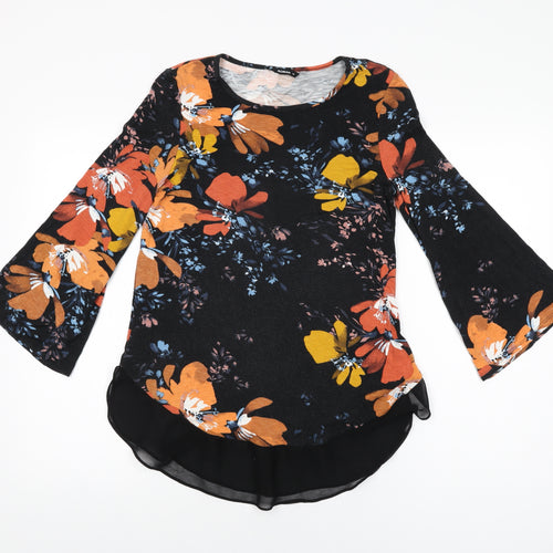 Roman Womens Black Floral Viscose Basic T-Shirt Size 10 Round Neck