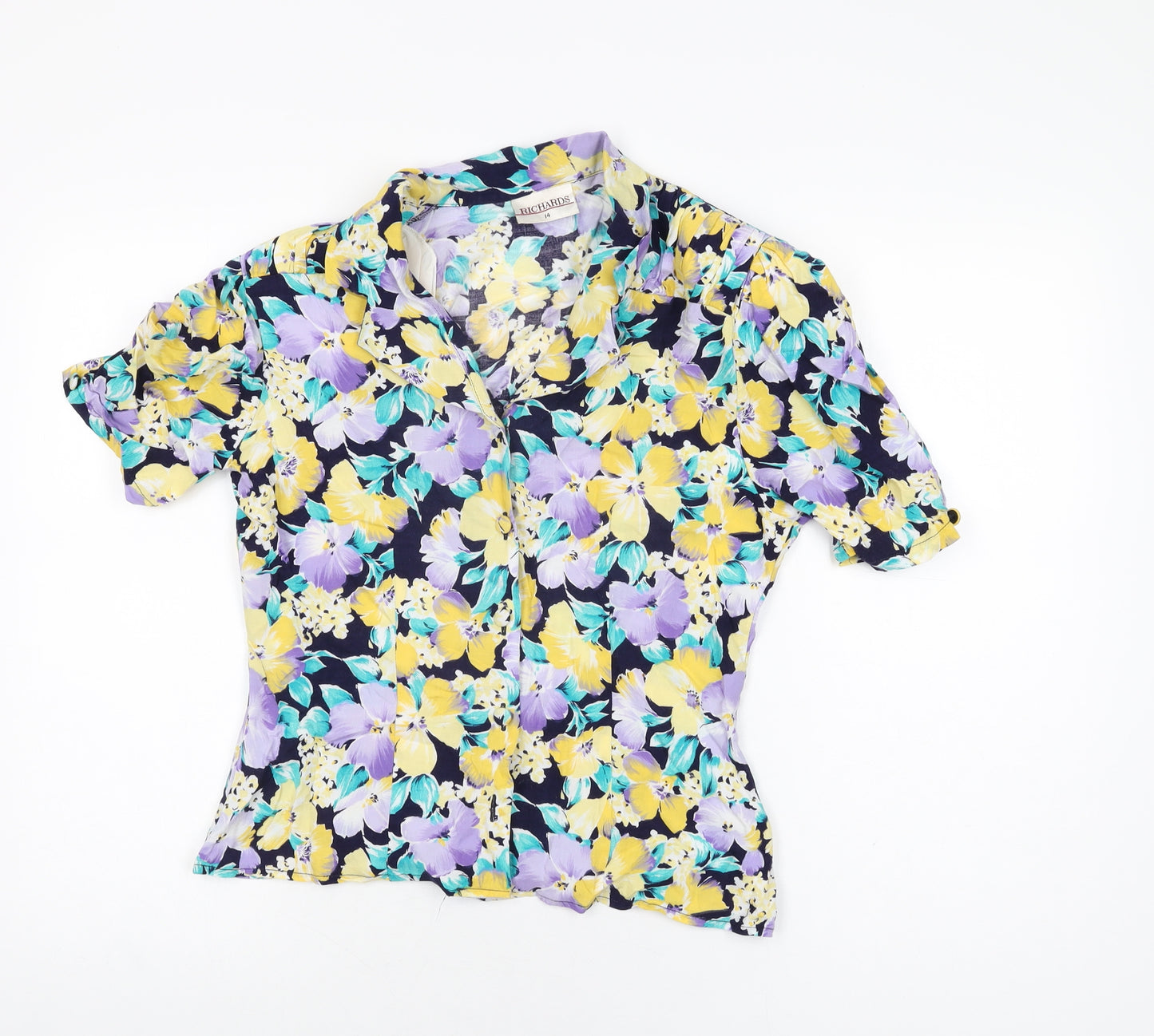 Richards Womens Blue Floral Viscose Basic Button-Up Size 14 Collared