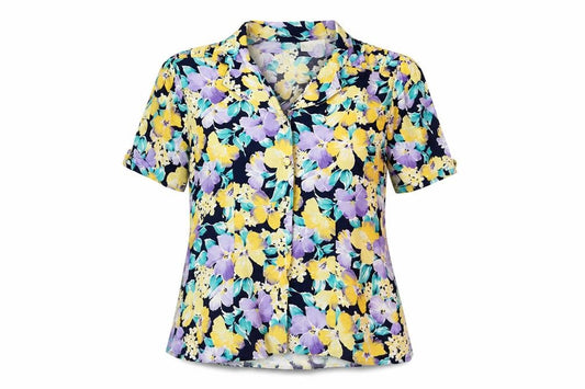 Front view of Richards women’s blue floral viscose basic button-up, size UK 14, collared