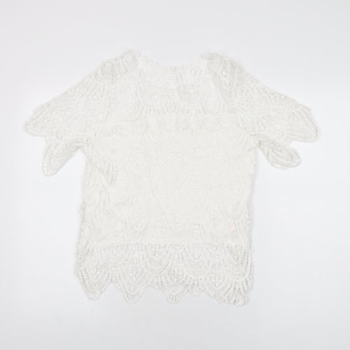 New Look Womens White Geometric Polyester Basic T-Shirt Size 12 Round Neck