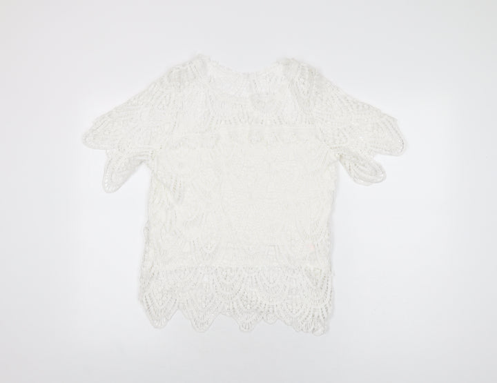 New Look Womens White Geometric Polyester Basic T-Shirt Size 12 Round Neck