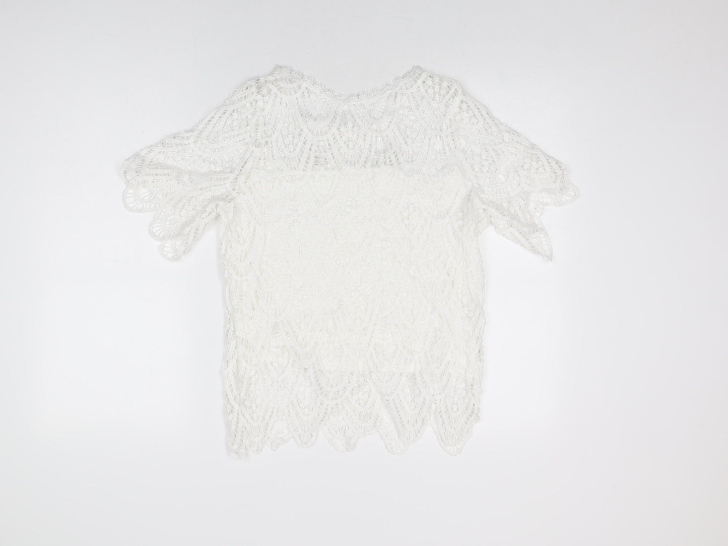 New Look Womens White Geometric Polyester Basic T-Shirt Size 12 Round Neck