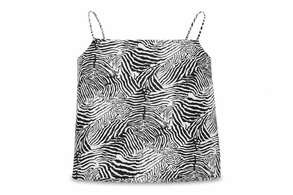 Front view of River Island women’s white geometric polyester camisole t-shirt, size UK 12, square neck