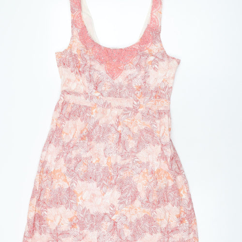 Fat Face Womens Pink Floral Cotton Skater Dress Size 12 Scoop Neck Zip