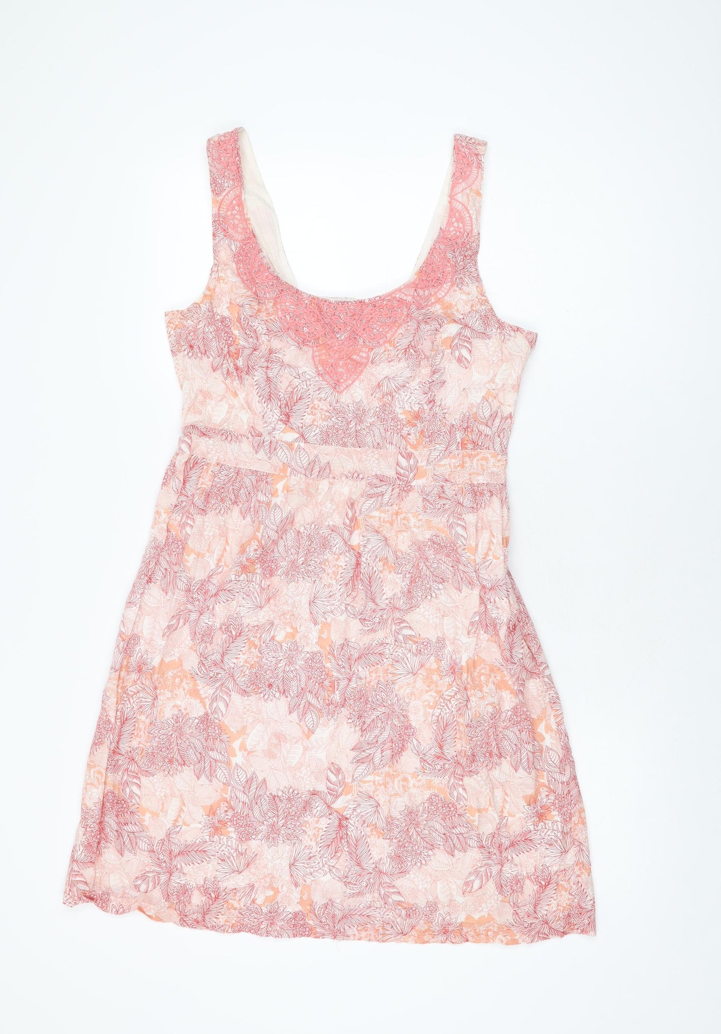 Fat Face Womens Pink Floral Cotton Skater Dress Size 12 Scoop Neck Zip