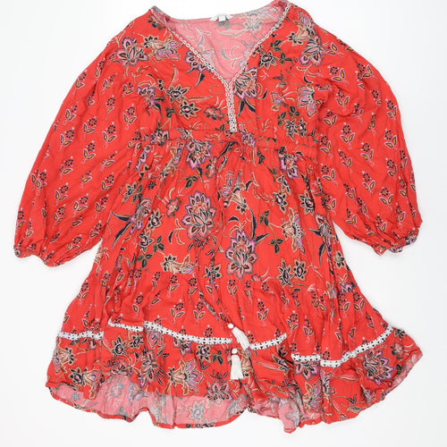 Monsoon Womens Red Floral Viscose Shift Size M V-Neck Drawstring