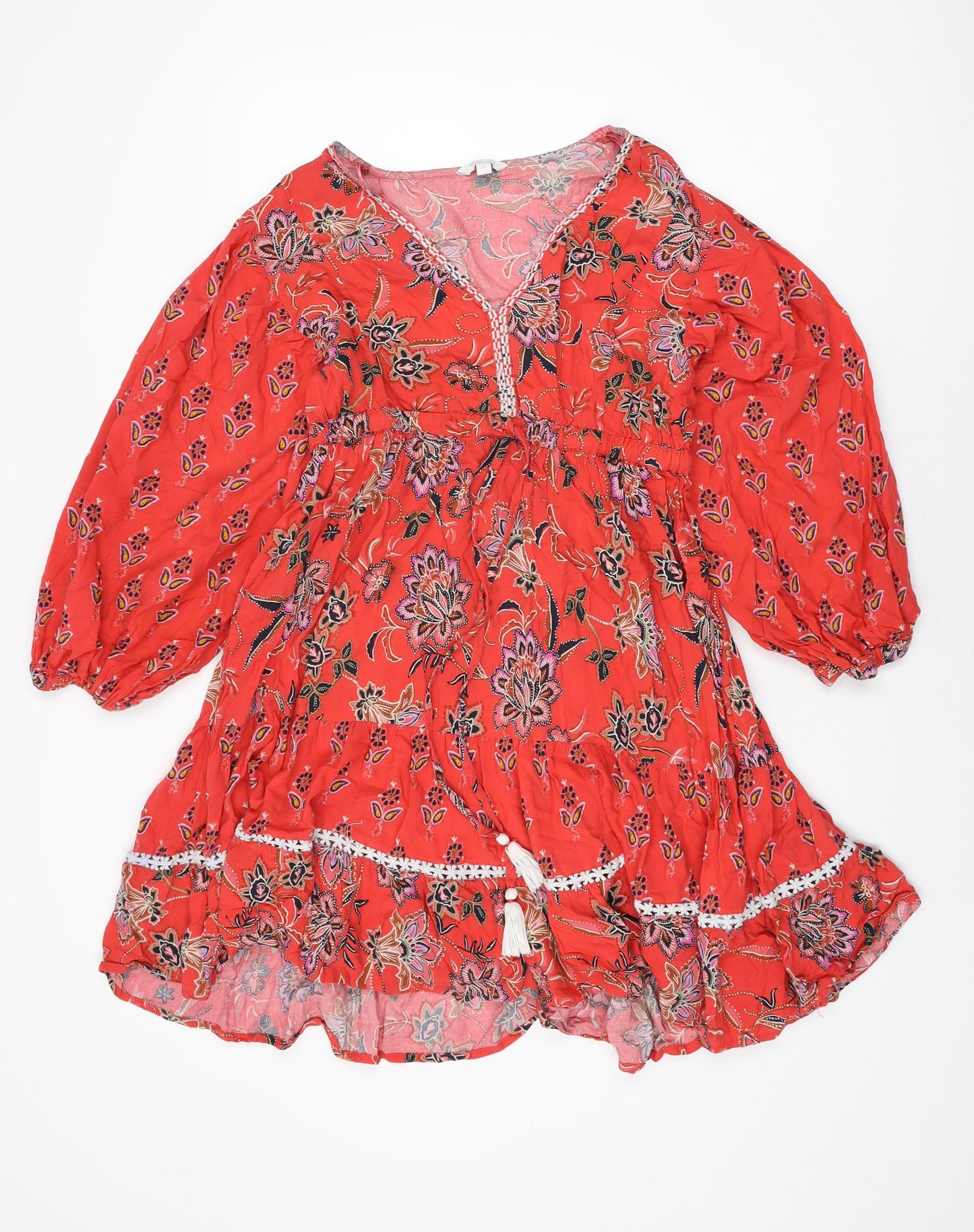 Monsoon Womens Red Floral Viscose Shift Size M V-Neck Drawstring