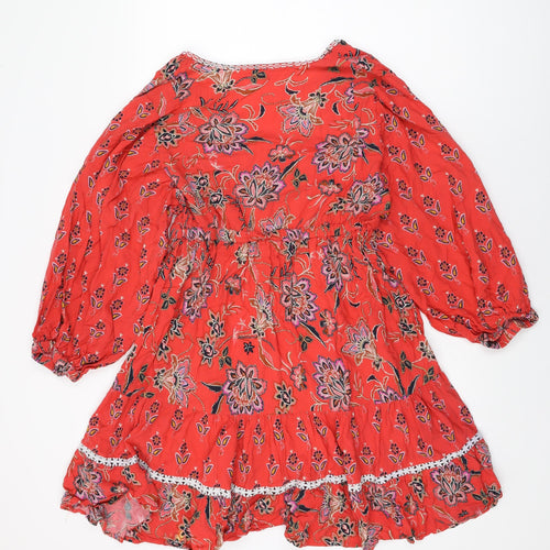 Monsoon Womens Red Floral Viscose Shift Size M V-Neck Drawstring