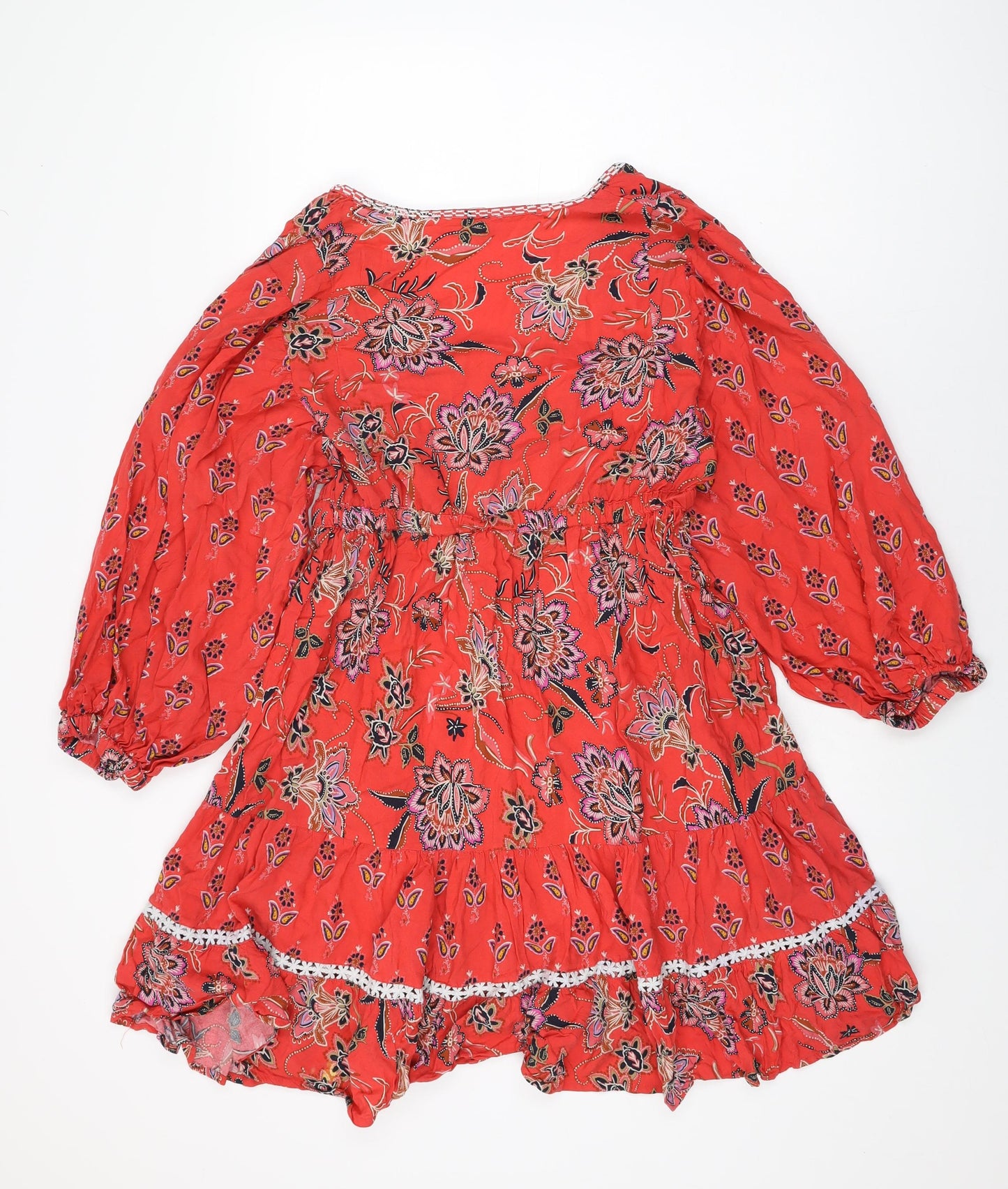 Monsoon Womens Red Floral Viscose Shift Size M V-Neck Drawstring