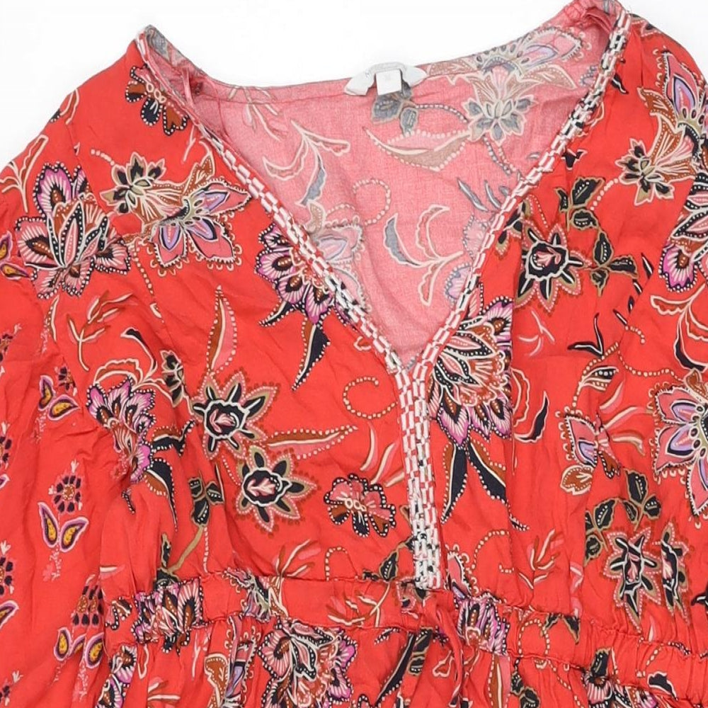 Monsoon Womens Red Floral Viscose Shift Size M V-Neck Drawstring