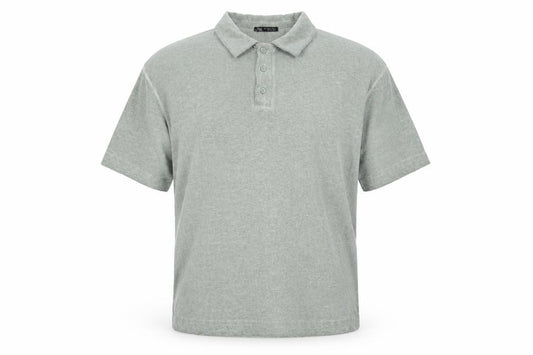 Front view of Zara men’s green polyester polo, size XL, collared button