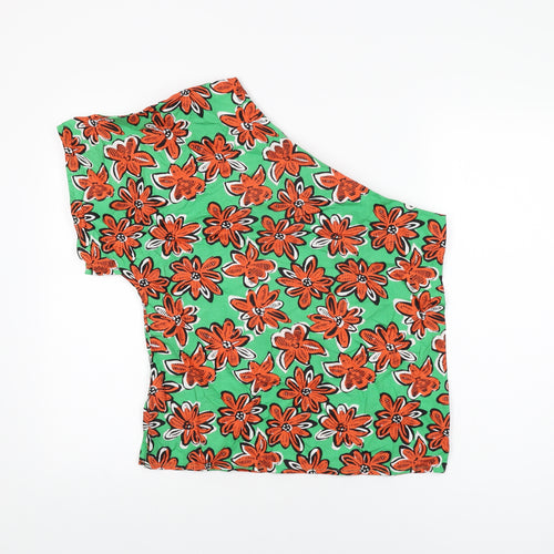 Warehouse Womens Green Floral Cotton Basic T-Shirt Size 12 One Shoulder