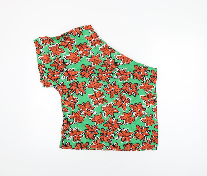 Warehouse Womens Green Floral Cotton Basic T-Shirt Size 12 One Shoulder