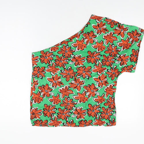 Warehouse Womens Green Floral Cotton Basic T-Shirt Size 12 One Shoulder