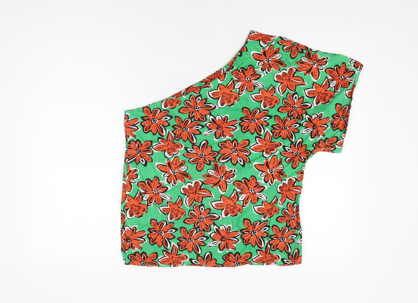 Warehouse Womens Green Floral Cotton Basic T-Shirt Size 12 One Shoulder