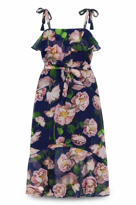 Front view of Next women’s blue floral polyester a-line, size UK 12, square neck tie