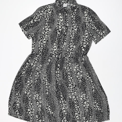ICHI Womens Black Floral Polyester Skater Dress Size 8 Collared Button