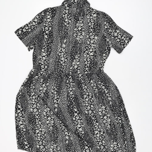 ICHI Womens Black Floral Polyester Skater Dress Size 8 Collared Button