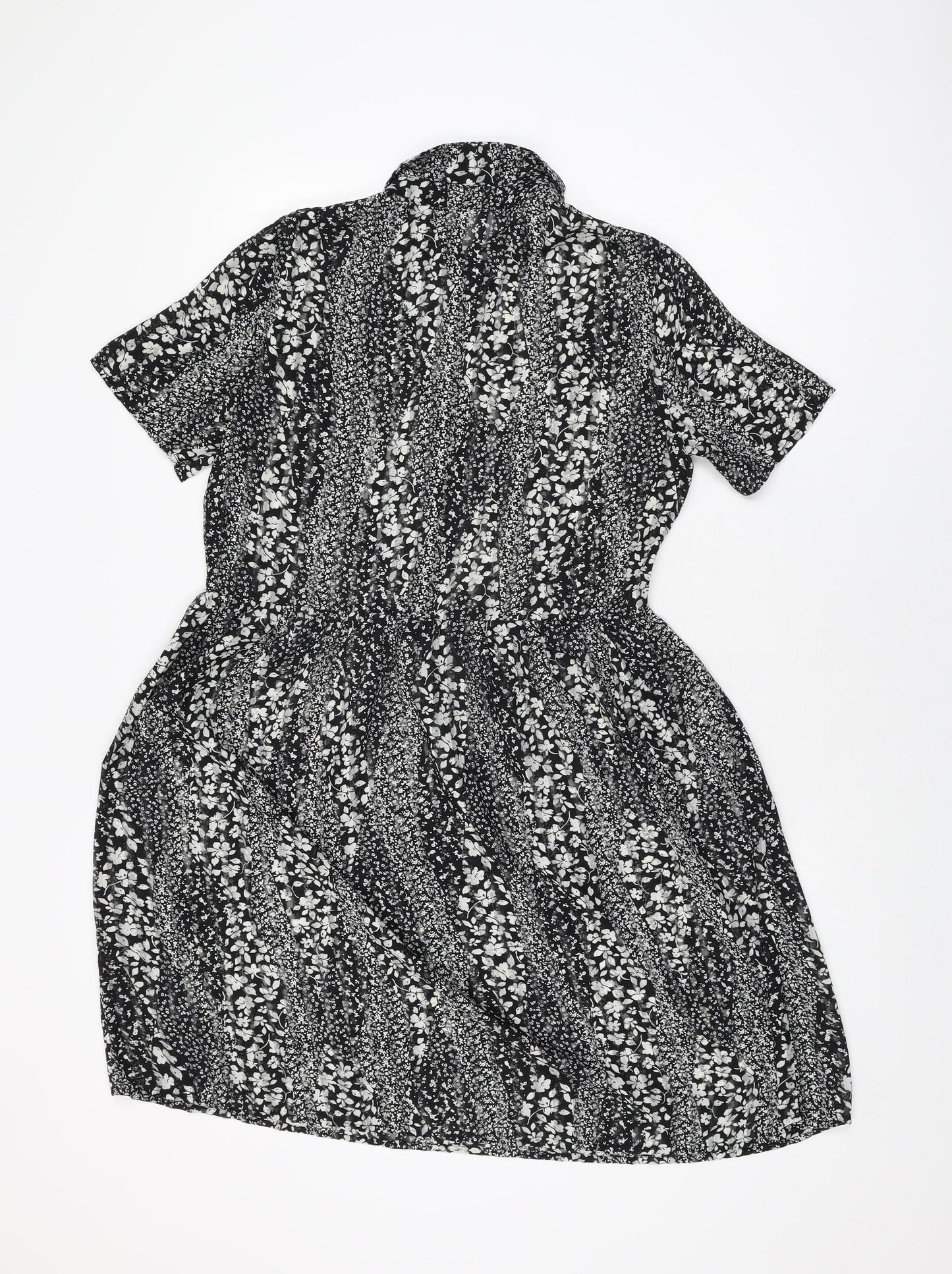 ICHI Womens Black Floral Polyester Skater Dress Size 8 Collared Button