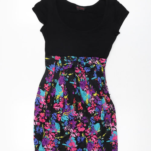 Miss Selfridge Womens Black Floral Viscose Mini Size 4 Scoop Neck Zip