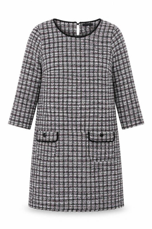 Front view of Wallis women’s multicoloured geometric polyester shift, size UK 12, round neck button