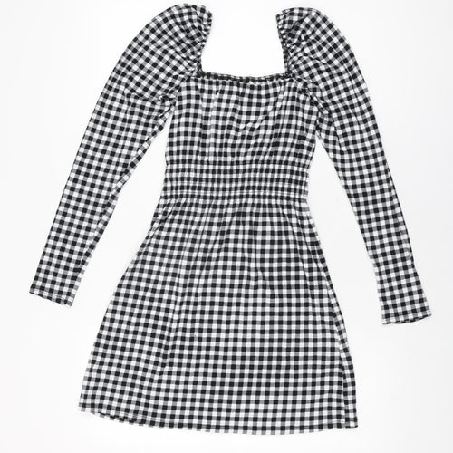 H&M Womens Black Gingham Polyester Mini Size XS Square Neck Pullover