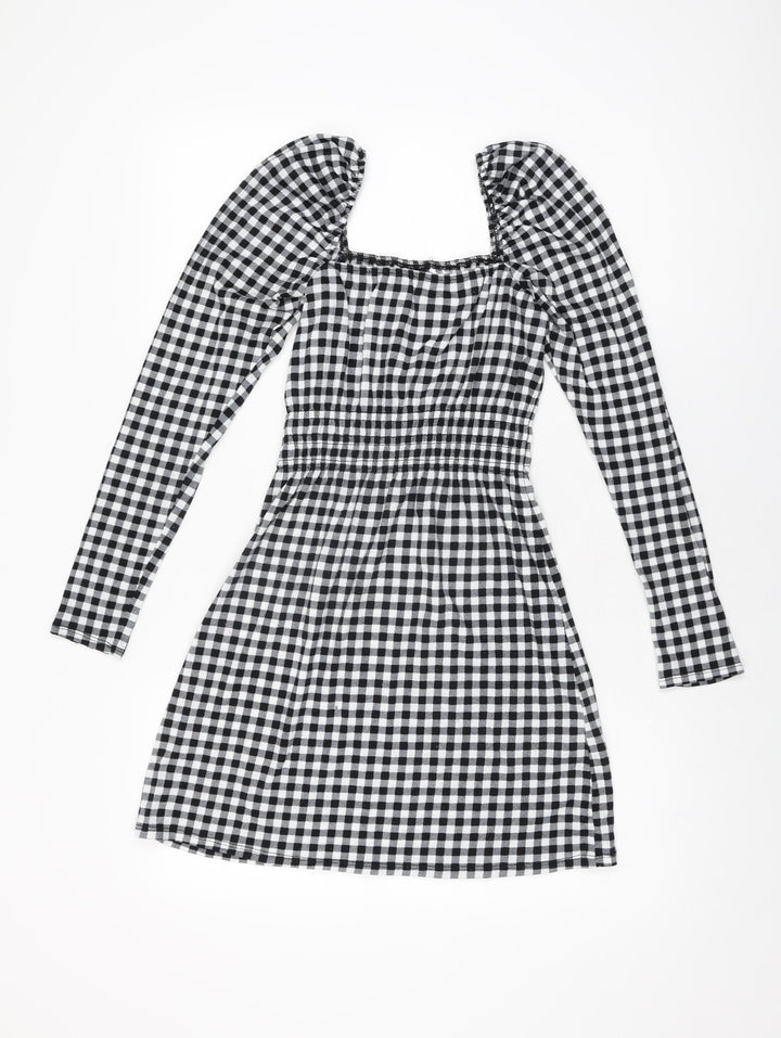 H&M Womens Black Gingham Polyester Mini Size XS Square Neck Pullover