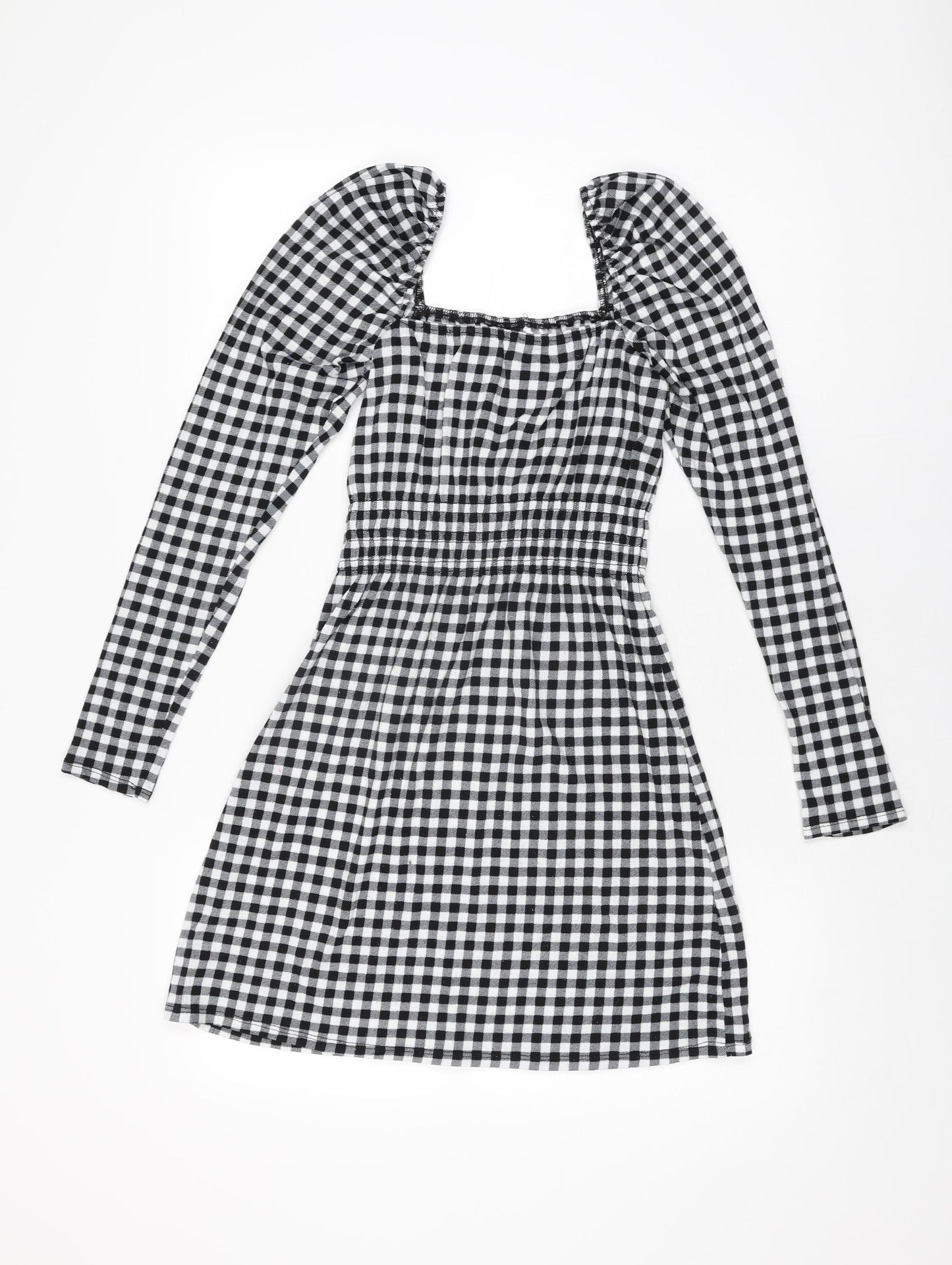 H&M Womens Black Gingham Polyester Mini Size XS Square Neck Pullover