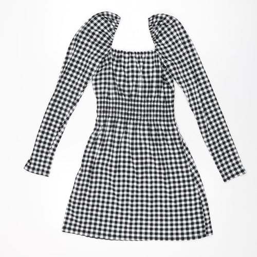 H&M Womens Black Gingham Polyester Mini Size XS Square Neck Pullover