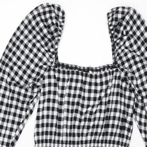 H&M Womens Black Gingham Polyester Mini Size XS Square Neck Pullover