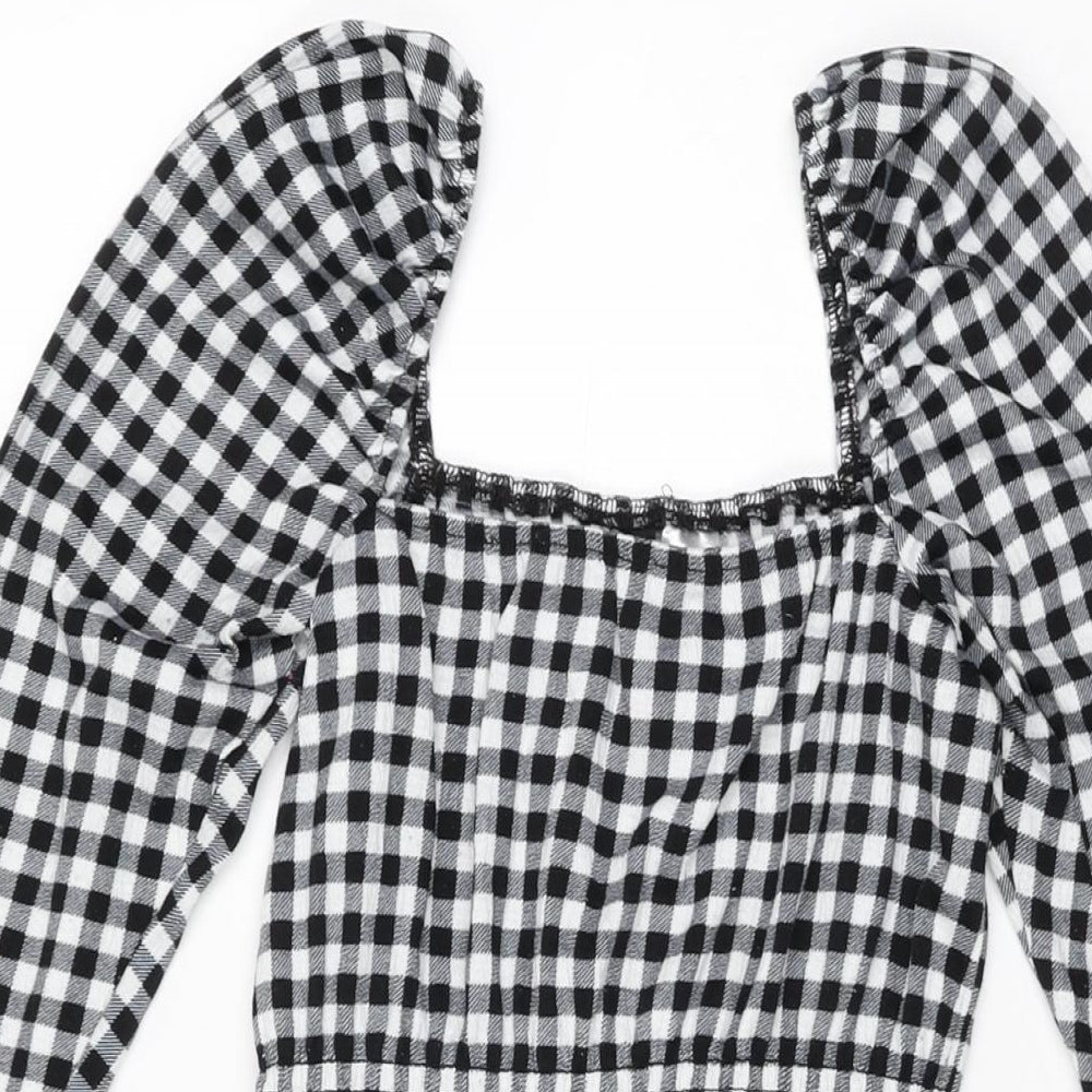 H&M Womens Black Gingham Polyester Mini Size XS Square Neck Pullover