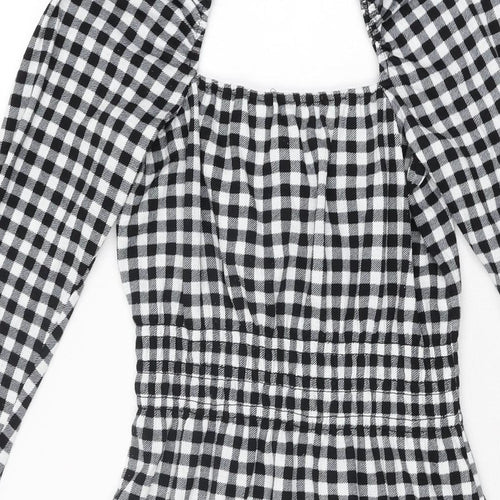 H&M Womens Black Gingham Polyester Mini Size XS Square Neck Pullover