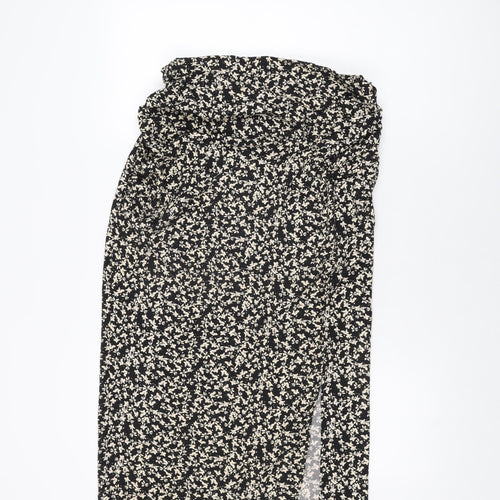 Zara Womens Black Floral Polyester Flare Skirt Size L Zip