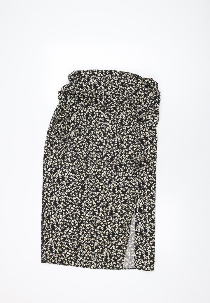 Zara Womens Black Floral Polyester Flare Skirt Size L Zip