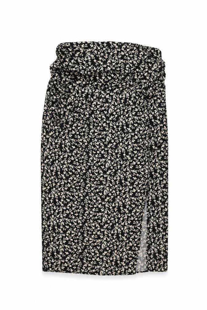 Front view of Zara women’s black floral polyester flare skirt, size L, zip