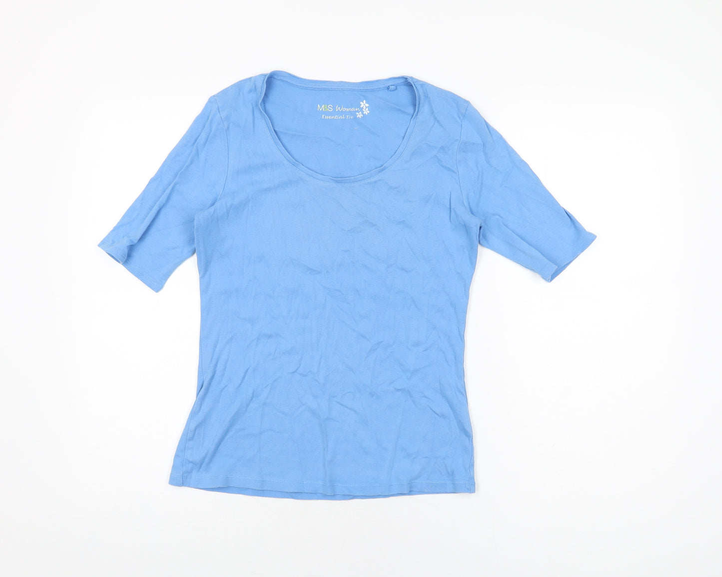 Marks and Spencer Womens Blue Cotton Basic T-Shirt Size 12 Scoop Neck