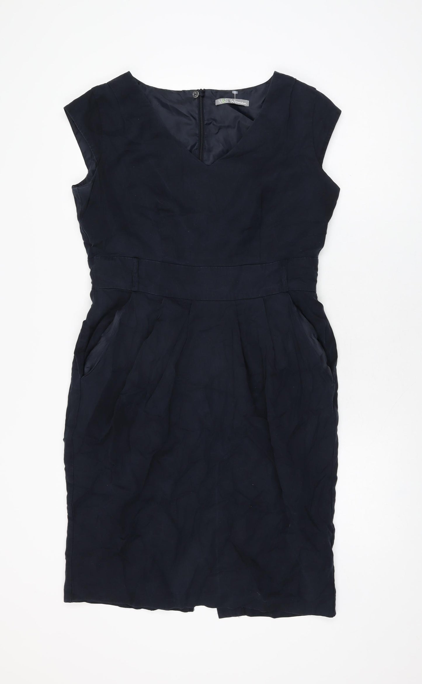 Marks and Spencer Womens Blue Polyester Bodycon Size 14 V-Neck Zip