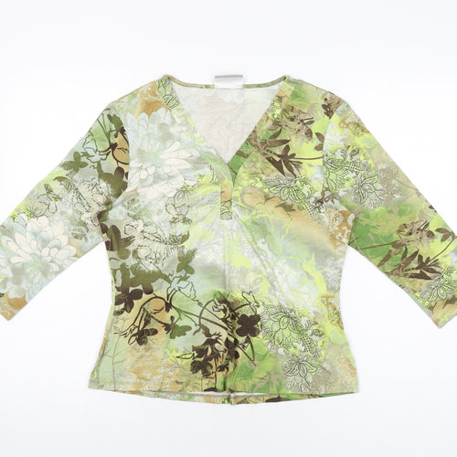 Wallis Womens Green Floral Viscose Basic T-Shirt Size 14 V-Neck