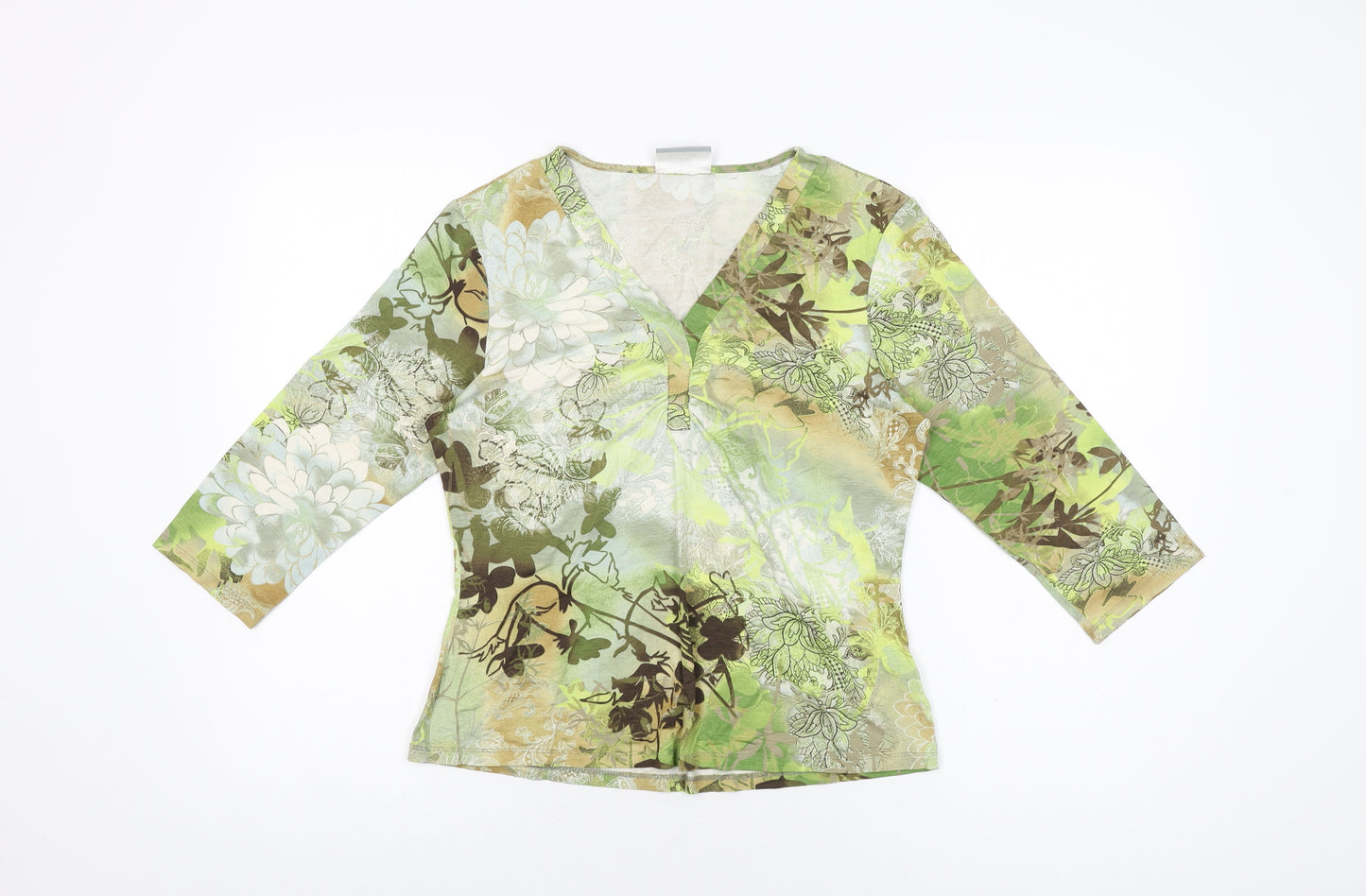 Wallis Womens Green Floral Viscose Basic T-Shirt Size 14 V-Neck
